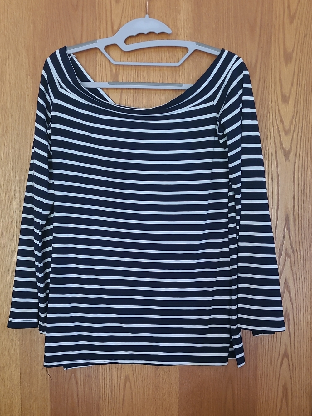 Women’s Navy and White Striped Long-Sleeve Boatneck Top